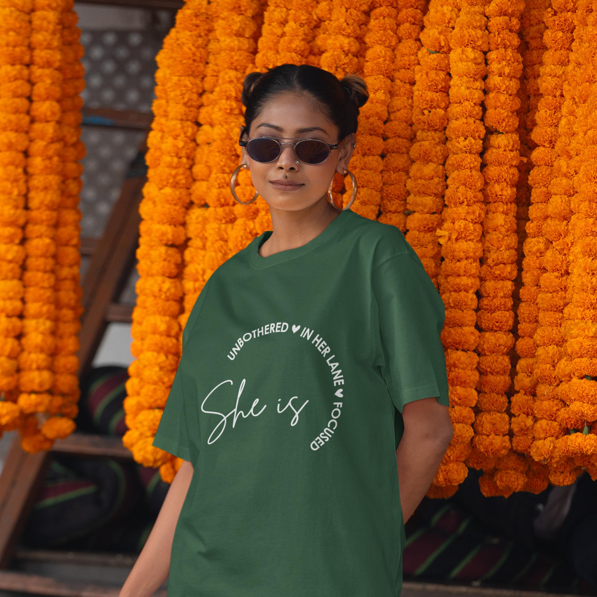 She Is Unbothered and Focused Graphic Unisex Tee | Oversized 100% Cotton Classic T-Shirt in Bottle Green