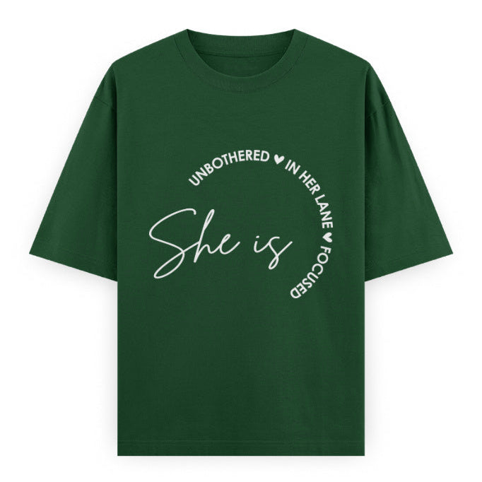 She Is Unbothered and Focused Graphic Unisex Tee | Oversized 100% Cotton Classic T-Shirt in Bottle Green