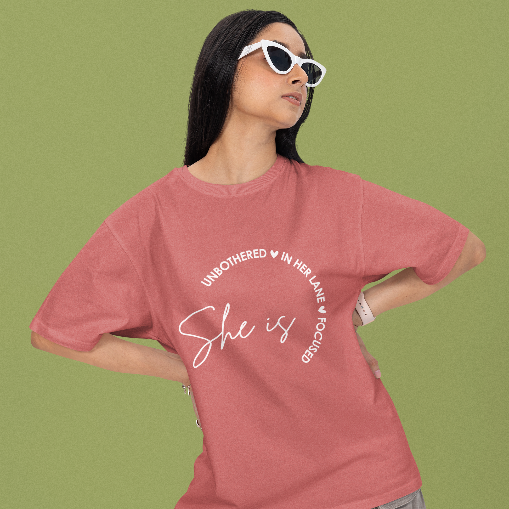 She Is Unbothered and Focused Graphic Unisex Tee | Oversized 100% Cotton Classic T-Shirt in Coral