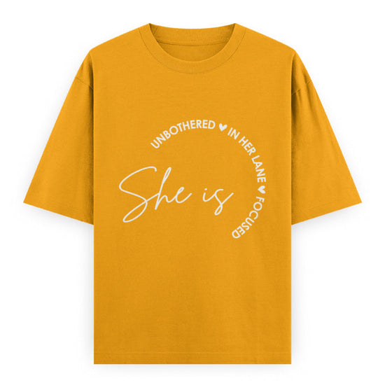 She Is Unbothered and Focused Graphic Unisex Tee | Oversized 100% Cotton Classic T-Shirt in Golden Yellow