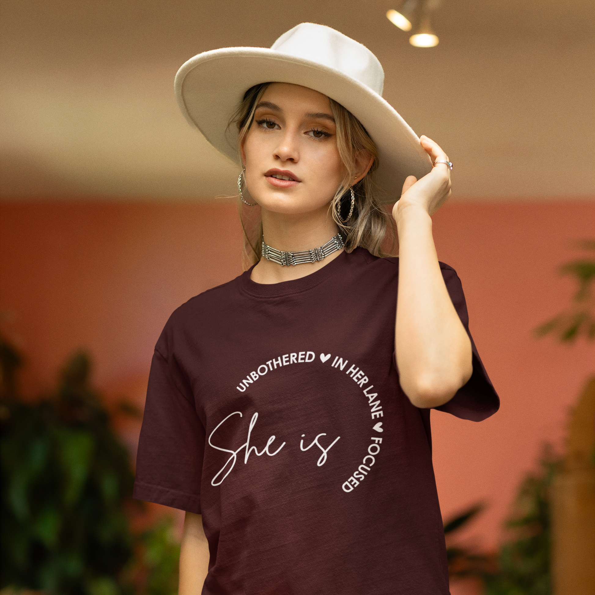 She Is Unbothered and Focused Graphic Unisex Tee | Oversized 100% Cotton Classic T-Shirt in Maroon