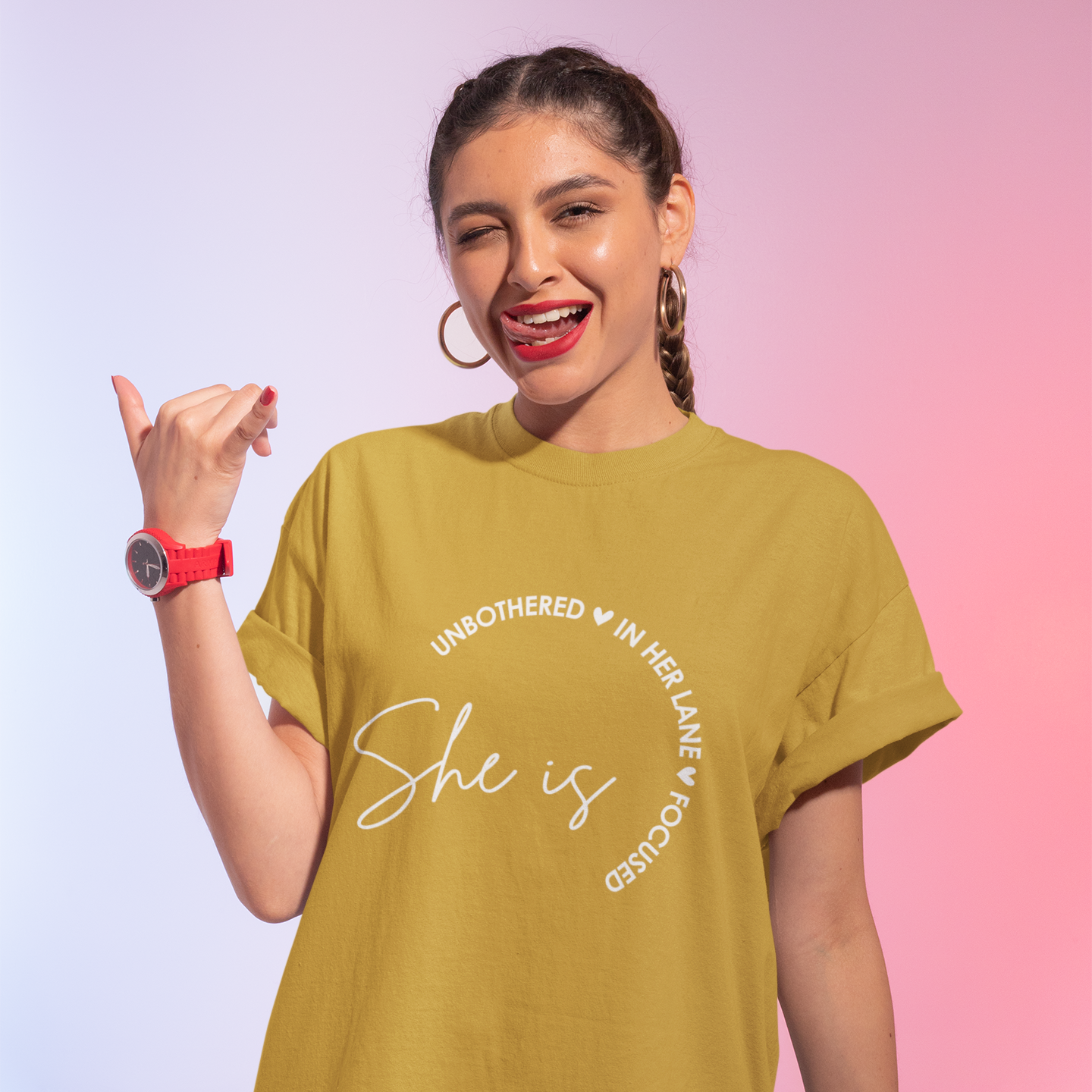 She Is Unbothered and Focused Graphic Unisex Tee | Oversized 100% Cotton Classic T-Shirt in Mustard Yellow