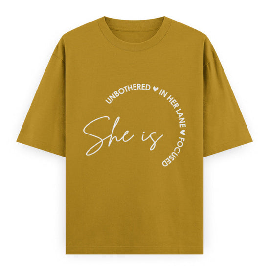 She Is Unbothered and Focused Graphic Unisex Tee | Oversized 100% Cotton Classic T-Shirt in Mustard Yellow