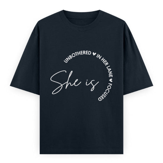 She Is Unbothered and Focused Graphic Unisex Tee | Oversized 100% Cotton Classic T-Shirt in Navy Blue