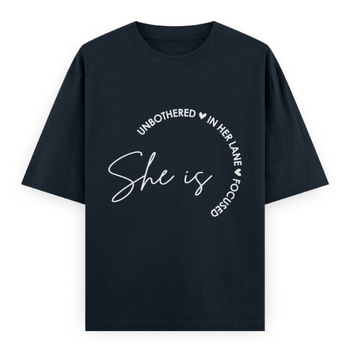 She Is Unbothered and Focused Graphic Unisex Tee | Oversized 100% Cotton Classic T-Shirt in Navy Blue
