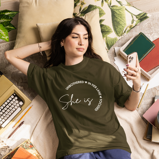 She Is Unbothered and Focused Graphic Unisex Tee | Oversized 100% Cotton Classic T-Shirt in Olive Green