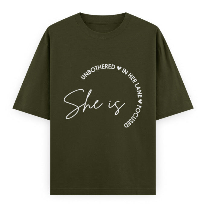 She Is Unbothered and Focused Graphic Unisex Tee | Oversized 100% Cotton Classic T-Shirt in Olive Green