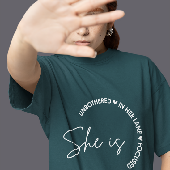 She Is Unbothered and Focused Graphic Unisex Tee | Oversized 100% Cotton Classic T-Shirt in Petrol Blue