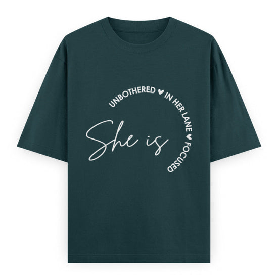 She Is Unbothered and Focused Graphic Unisex Tee | Oversized 100% Cotton Classic T-Shirt in Petrol Blue