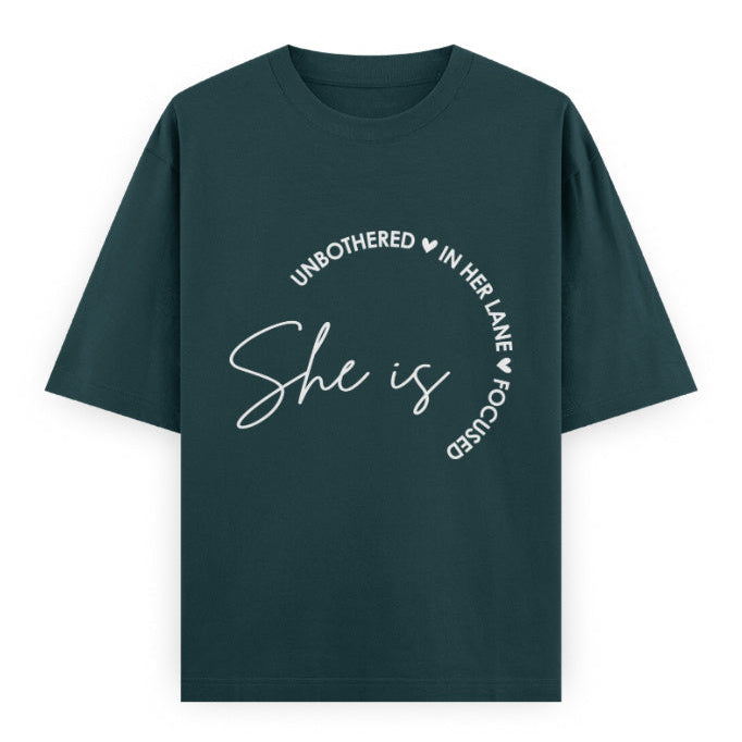 She Is Unbothered and Focused Graphic Unisex Tee | Oversized 100% Cotton Classic T-Shirt in Petrol Blue