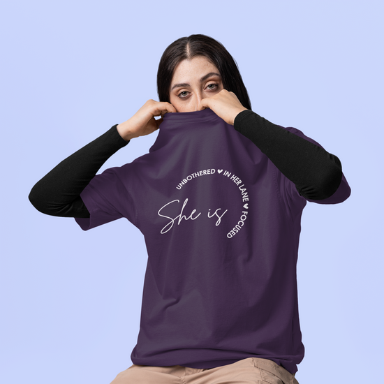 She Is Unbothered and Focused Graphic Unisex Tee | Oversized 100% Cotton Classic T-Shirt in Purple