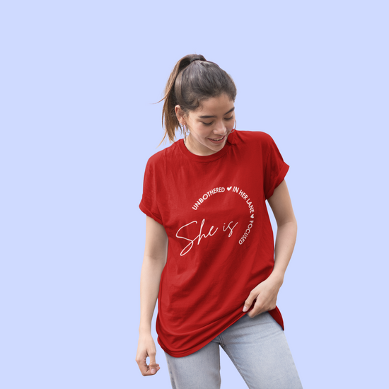 She Is Unbothered and Focused Graphic Unisex Tee | Oversized 100% Cotton Classic T-Shirt in Red