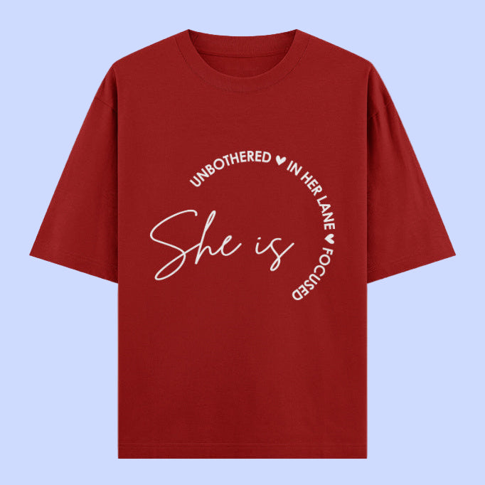 She Is Unbothered and Focused Graphic Unisex Tee | Oversized 100% Cotton Classic T-Shirt in Red