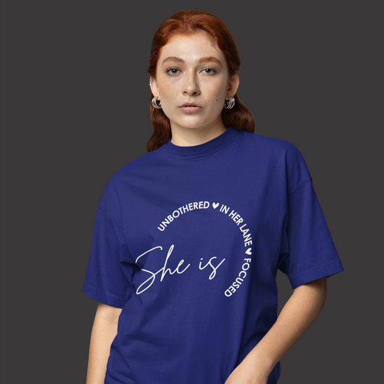 She Is Unbothered and Focused Graphic Unisex Tee | Oversized 100% Cotton Classic T-Shirt in Royal Blue
