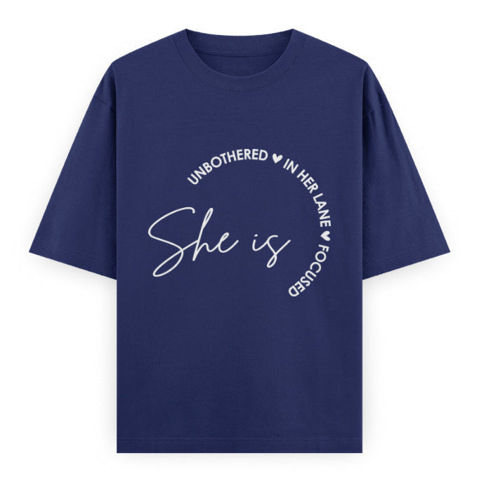 She Is Unbothered and Focused Graphic Unisex Tee | Oversized 100% Cotton Classic T-Shirt in Royal Blue