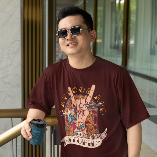 Tattoos Are Stupid Graphic Unisex T-Shirt – Oversized 100% Cotton Classic Tee in Maroon