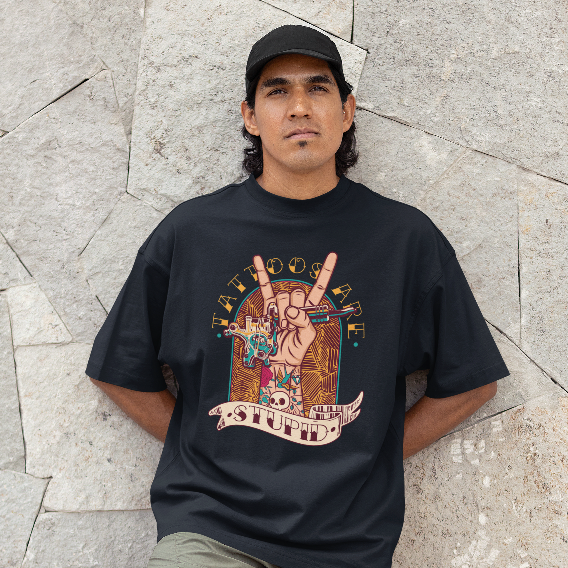 Tattoos Are Stupid Graphic Unisex T-Shirt – Oversized 100% Cotton Classic Tee in Navy Blue