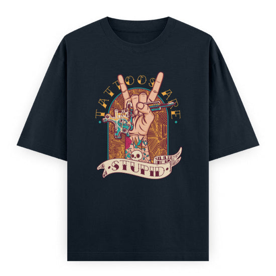 Tattoos Are Stupid Graphic Unisex T-Shirt – Oversized 100% Cotton Classic Tee in Navy Blue