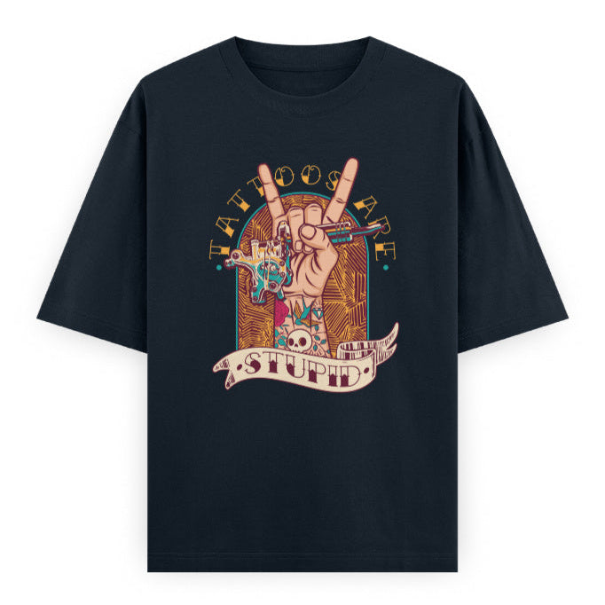 Tattoos Are Stupid Graphic Unisex T-Shirt – Oversized 100% Cotton Classic Tee in Navy Blue