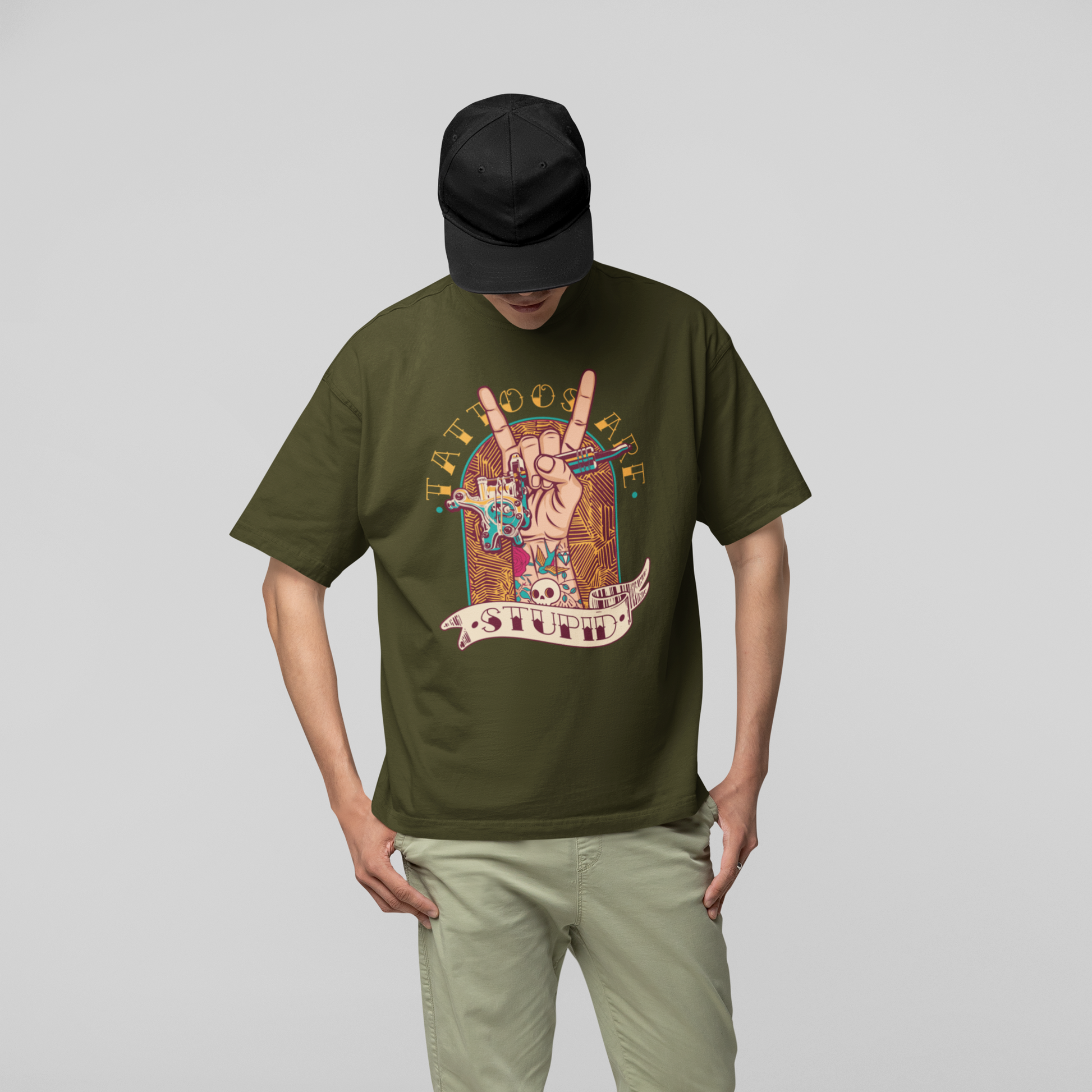Tattoos Are Stupid Graphic Unisex T-Shirt – Oversized 100% Cotton Classic Tee in Olive Green