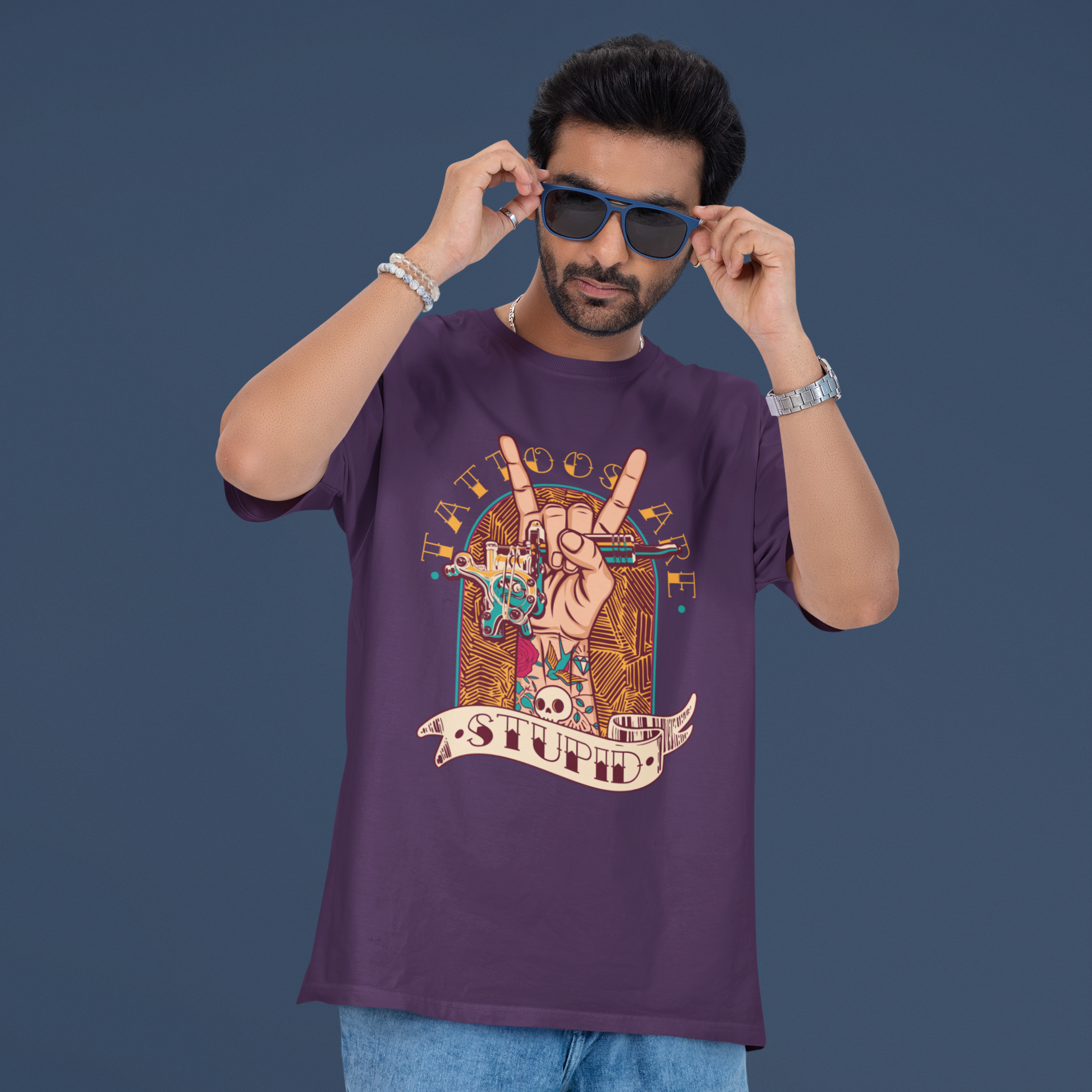 Tattoos Are Stupid Graphic Unisex T-Shirt – Oversized 100% Cotton Classic Tee in Purple