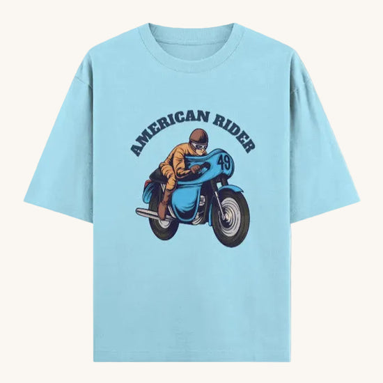 American Rider" graphic on baby blue oversized unisex t-shirt – Thodacrazyclub