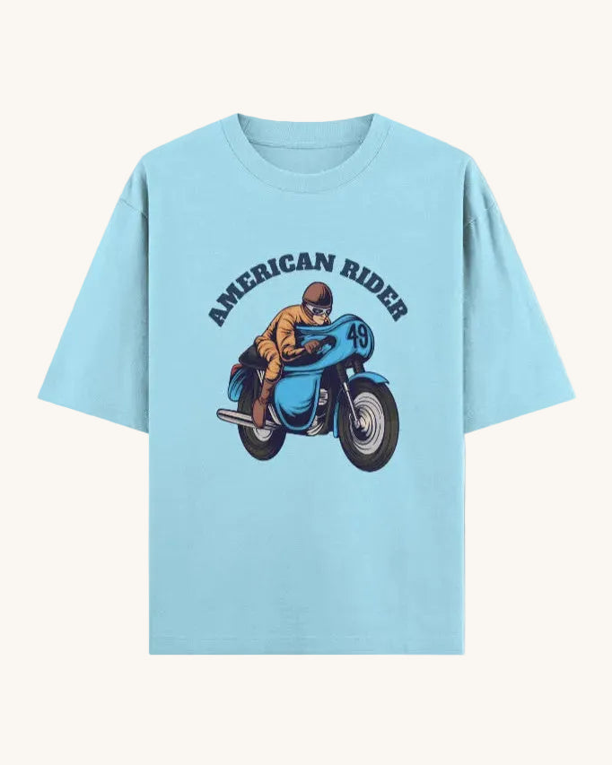 American Rider" graphic on baby blue oversized unisex t-shirt – Thodacrazyclub
