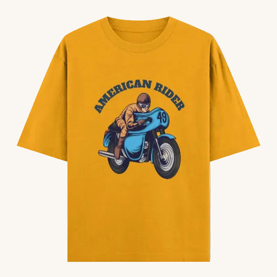 American Rider" graphic on golden yellow oversized unisex t-shirt – Thodacrazyclub