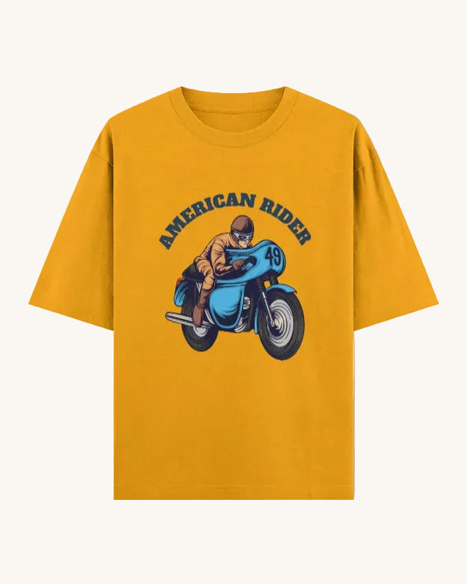 American Rider" graphic on golden yellow oversized unisex t-shirt – Thodacrazyclub