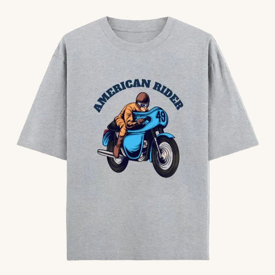 "American Rider" graphic on grey melange oversized unisex t-shirt – Thodacrazyclub