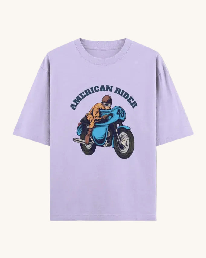 American Rider" graphic on lavender oversized unisex t-shirt – Thodacrazyclub