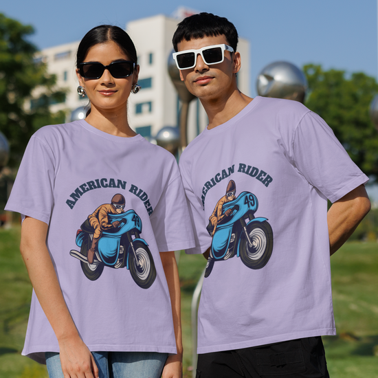 Models wearing lavender oversized unisex t-shirts with "American Rider" graphic – Thodacrazyclub