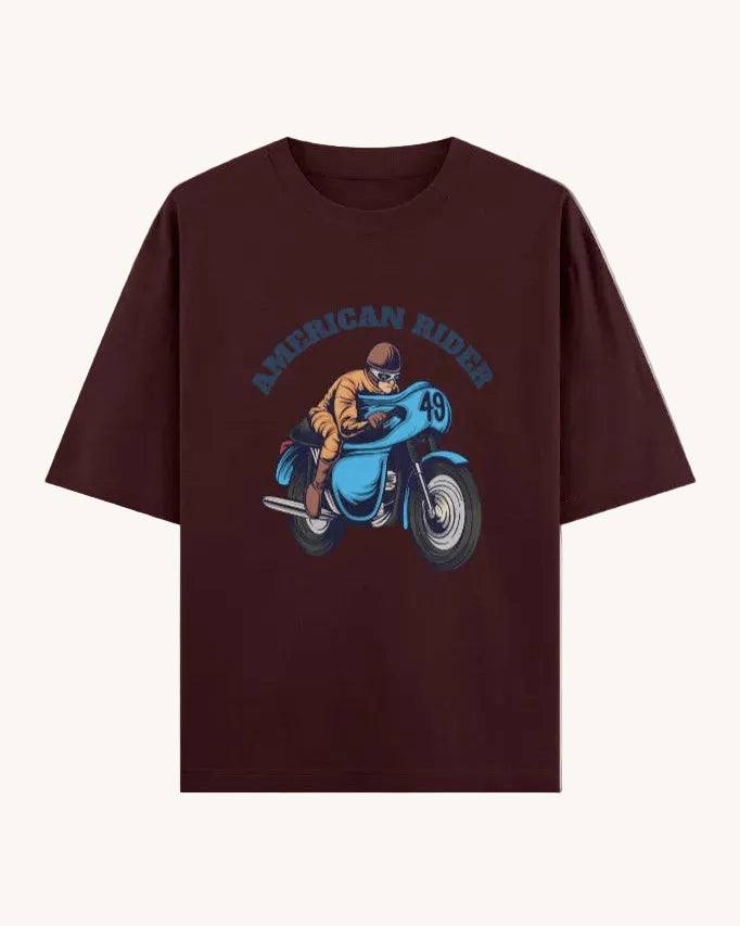 American Rider" graphic on maroon oversized unisex t-shirt – Thodacrazyclub