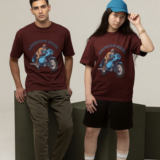 Models wearing maroon oversized unisex t-shirts with "American Rider" graphic – Thodacrazyclub