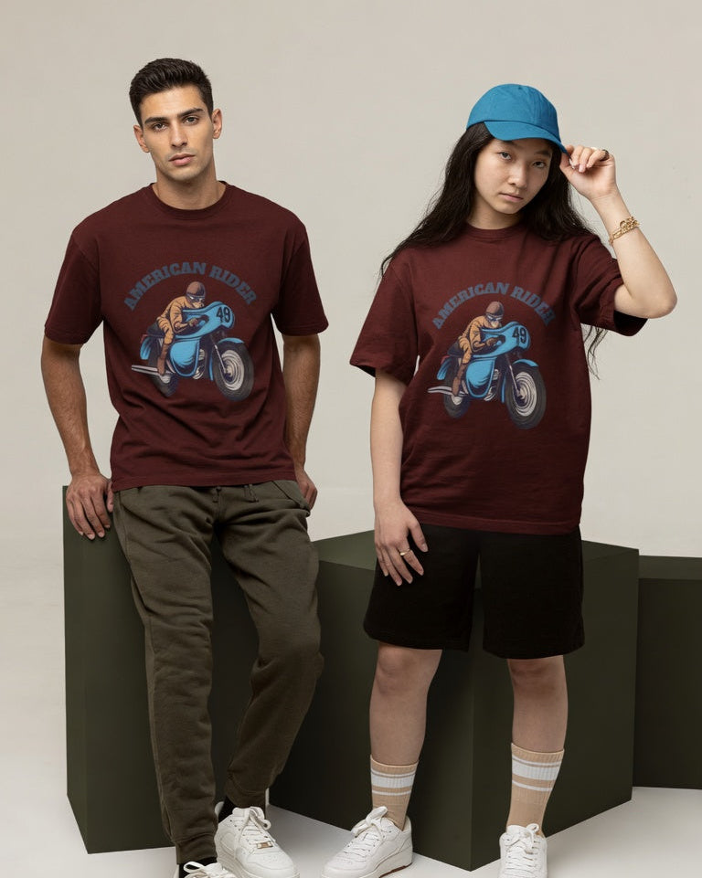 Models wearing maroon oversized unisex t-shirts with "American Rider" graphic – Thodacrazyclub