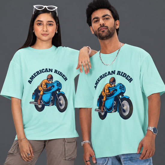 Models wearing mint oversized unisex t-shirts with "American Rider" graphic – Thodacrazyclub