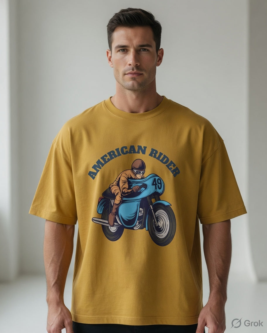 Model wearing mustard yellow oversized unisex t-shirt with "American Rider" graphic – Thodacrazyclub