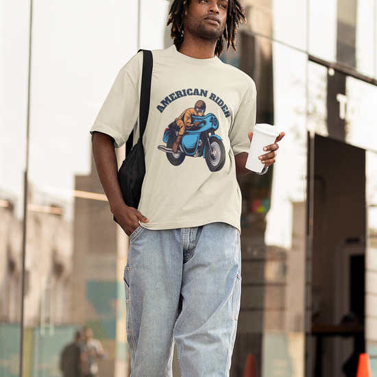 Model wearing off white oversized unisex t-shirt with "American Rider" graphic – Thodacrazyclub