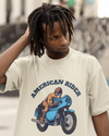 Model wearing off white oversized unisex t-shirt with "American Rider" graphic – Thodacrazyclub