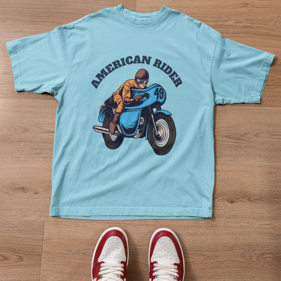 American Rider" graphic on sky blue oversized unisex t-shirt – Thodacrazyclub