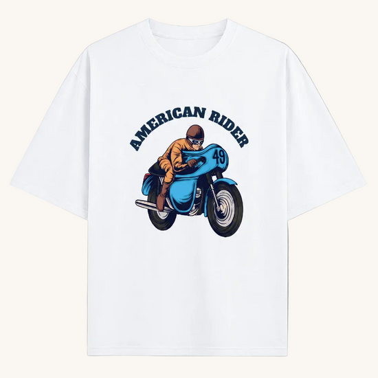 Model wearing white oversized unisex t-shirt with "American Rider" graphic – Thodacrazyclub