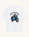 Model wearing white oversized unisex t-shirt with "American Rider" graphic – Thodacrazyclub