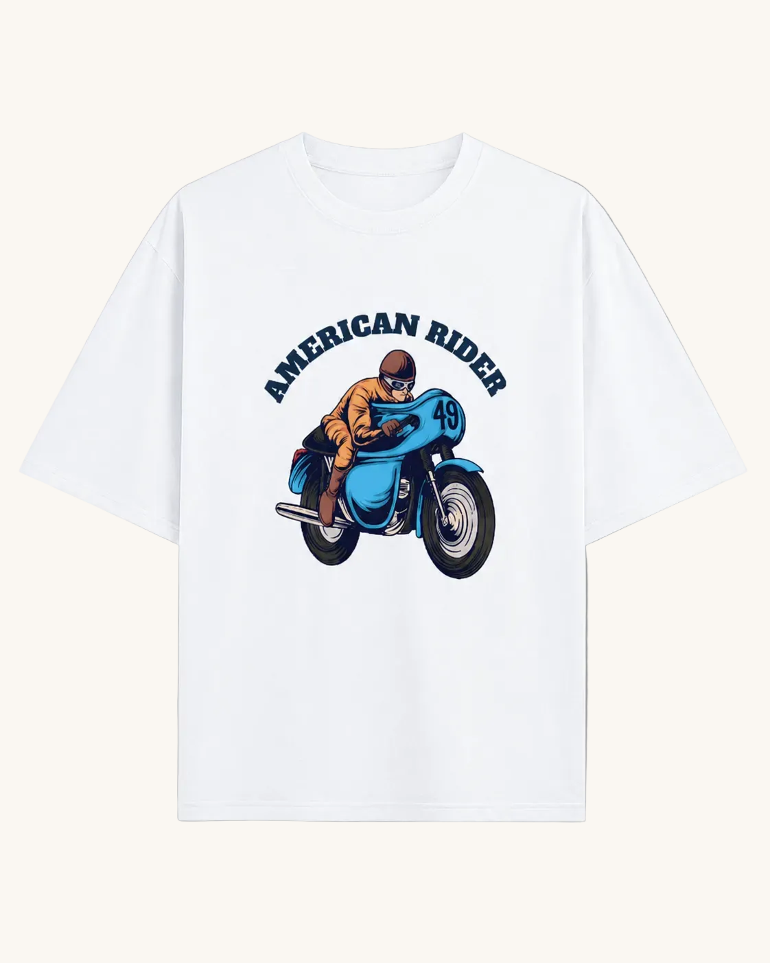 Model wearing white oversized unisex t-shirt with "American Rider" graphic – Thodacrazyclub